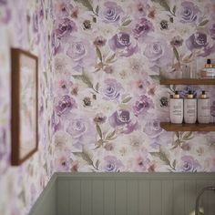 a bathroom with floral wallpaper and shelves