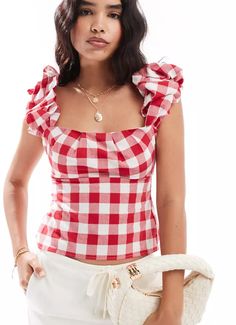 sewing inspo Gingham Tank Top, Gingham Corset Top, Red Gingham Top, Fitted Gingham Cotton Crop Top, Retro Gingham Tops With Button Closure, Asos Tops, Red Gingham, Cami Tops, Gingham