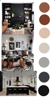 the color scheme for this living room is black, brown and white with neutral accents