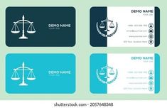 business cards with scales of justice and the symbol of law on them, set of four different colors