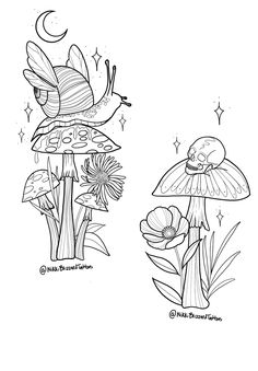 an image of two mushrooms and flowers