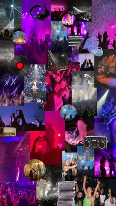 a collage of photos with people dancing and disco lights in the background at a concert