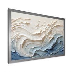 an abstract painting with white and blue waves on the wall in front of a white background