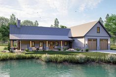 this is an artist's rendering of a modern farmhouse style home on the edge of a lake