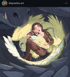 a woman sitting on top of a dragon next to a giant yellow creature in a cave