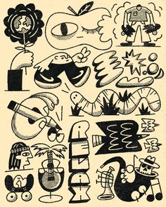 an old black and white drawing of various objects