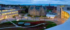 an aerial view of the campus at night