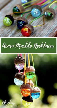 an assortment of colorful marble necklaces hanging from strings with text overlay that reads acorn marble necklaces