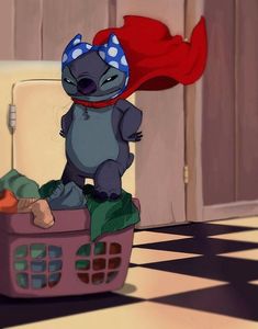 a cartoon character sitting on top of a laundry basket