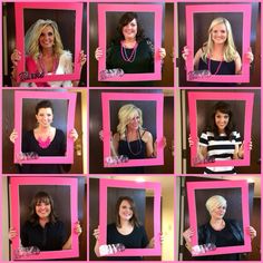 a collage of photos with different women holding up pink frames