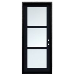 a black door with three panes of glass on the top and bottom panel, in front of a white background