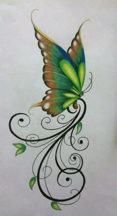 a drawing of a butterfly with swirls and leaves on it's back side