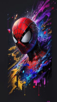 the amazing spider - man poster is on display in this dark room with colorful paint splat