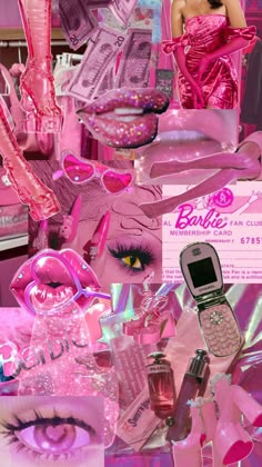 a collage of barbie dolls, pink accessories and other items on display in a store window