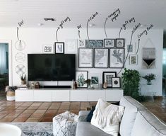 a living room filled with furniture and lots of pictures on the wall next to a flat screen tv