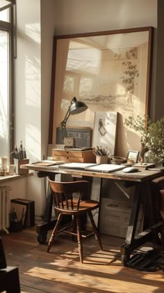 an old desk in the corner of a room with lots of clutter on it