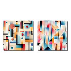 two abstract paintings with different colors and shapes on white wall art prints set of 2