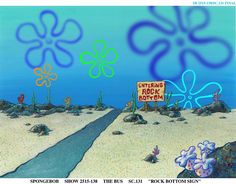 an image of a cartoon scene with flowers in the sand and rocks on the ground