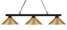 three light billiard style pendant with black chain and gold shade shades hanging from the ceiling