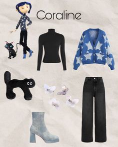 an image of some clothes and shoes on the beach with text that reads coraline