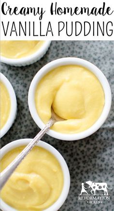 three small white bowls filled with creamy homemade vanilla pudding on a gray tablecloth and text overlay that reads, creamy homemade vanilla pudding