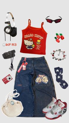 #y2kaesthetic #y2kfashion #redaesthetic #hellokittycore #vintagefashion #ikfheadphones #headphones Hello Kitty Outfit, Kitty Outfit, Silly Clothes, Funky Outfits, Edgy Outfits, Lookbook Outfits