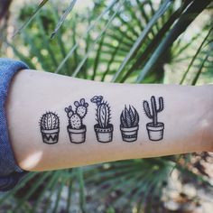 a person's arm with a tattoo on it that has different kinds of plants in pots