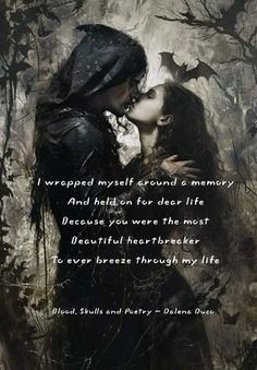 a couple kissing in the woods with an old fashioned poem written on it's side