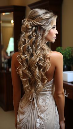 coiffure Beach Wedding Hairstyles, Bridal Hair Half Up, Hair Wedding Styles, Long Hair Wedding, Mother Of The Bride Hair, Beach Wedding Hair, Goddess Hairstyles, Bridal Hair And Makeup