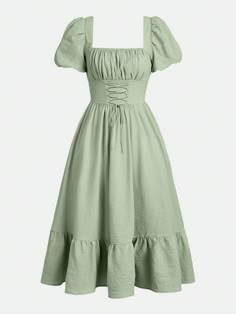 Verde Menta Casual Collar Manga Curta Tecido Simples Em A Embellished Não elástico Verão Cute Mint Green Dress, Shein Cute Dresses, Light Green Dress Casual, Dress For Short Girl, Mint Clothes, Teen Dresses, Summer Teen, Green Summer Dresses