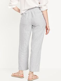 High-Waisted Linen-Blend Straight Pants | Old Navy Fashion Wishlist, Back Patch, Straight Pants, Petite Size, Natural Linen, Grey Stripes, Everyday Outfits, Linen Blend, Me Too Shoes