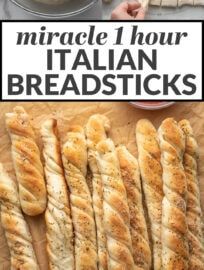 breadsticks are laid out on a cutting board with the words, miracle hour italian breadsticks