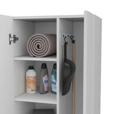 an open cabinet with various cleaning products and items in it, including a towel rack