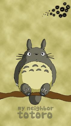 a totoro is sitting on a branch with the words my neighbor totoro above it