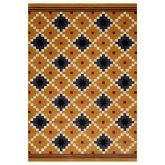 an orange rug with black and white squares on the bottom, in front of a white background