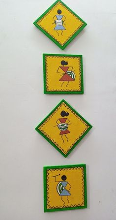 three yellow and green squares with pictures on them