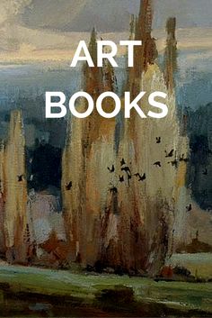 a painting with the words art books written in front of it and an image of trees