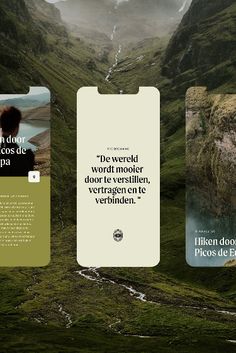 an image of three cards with mountains in the background and one has a quote on it