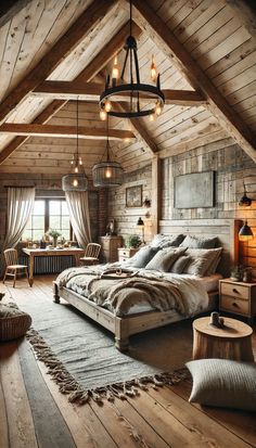 an attic bedroom with wooden walls and beams