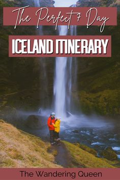 a man standing in front of a waterfall with the words, the perfect day iceland itinerary