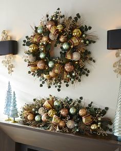 a christmas wreath is hanging on the wall next to a fireplace mantel with ornaments