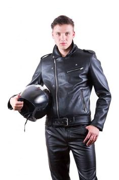 Leather Jacket Outfit: Handsome Biker in Black Leather with Motorcycle Helmet 1950s Jacket Mens, Motorcycle Leathers Suit, Cargo Jacket Mens, Green Cargo Jacket, Leather Jacket Outfit, Leather Jacket Men Style, Mens Leather Pants, Black Leather Biker Jacket, Leather Jeans