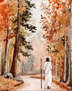 a painting of a person walking in the woods