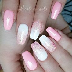 Pink Nail Colors, Nails With Glitter, White Nail Designs, Super Nails, Nails Polish, Trendy Nail Design, Dipped Nails