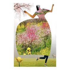 a woman in a dress is running through the grass with flowers and trees behind her