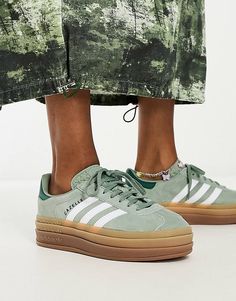 adidas Originals Gazelle Bold platform trainers in silver green with gum sole | ASOS Adidas Gazelle Green, Adidas Bold, Platform Outfit, Plateau Sneaker, Adidas Originals Gazelle, Platform Trainers, Yellow Outfit