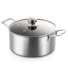 a stainless steel pot with lid and handle on a white background, the pan is empty