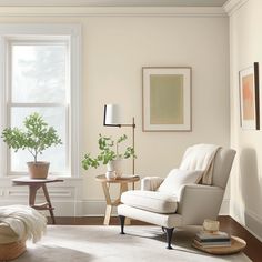 a living room filled with furniture and a white chair next to a window covered in plants