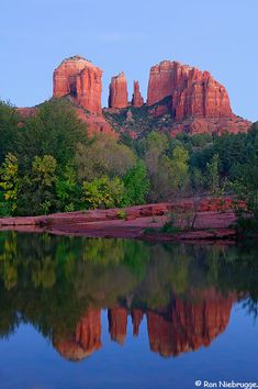 the red rock formations are reflected in the still water of this lake, with trees and bushes around them