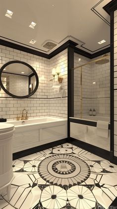 a bathroom with black and white tile flooring next to a bathtub, sink and mirror